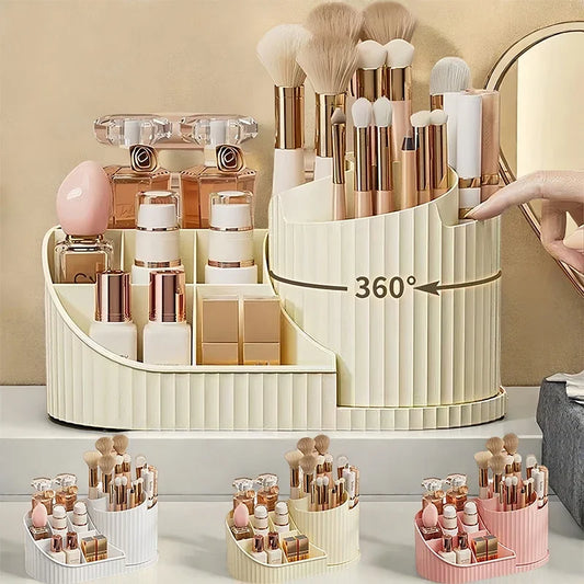 Makeup organizer with various cosmetic items on a neutral background